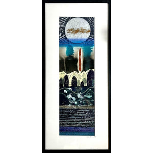 A close up of a framed THRESHOLD I mixed media original artwork using lino print with fabric and stitch by London based artist Linda Jenkins
