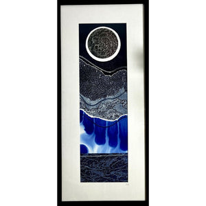 A close up of a framed THRESHOLD II mixed media original artwork using monotype and collagraph prints and stitch by London based artist Linda Jenkins
