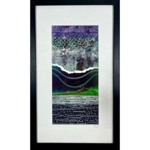 A close up of a framed PASSAGE III mixed media original artwork using collagraph print with fabric and stitch by London based artist Linda Jenkins
