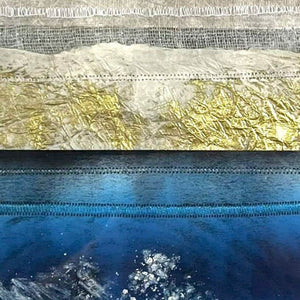 A close up of PASSAGE I mixed media original artwork using monotype and collagraph prints and metallic powder by London based artist Linda Jenkins
