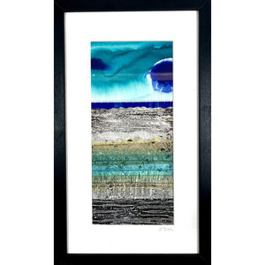 A close up of a framed PASSAGE II mixed media original artwork using collagraph print with fabric and stitch by London based artist Linda Jenkins
