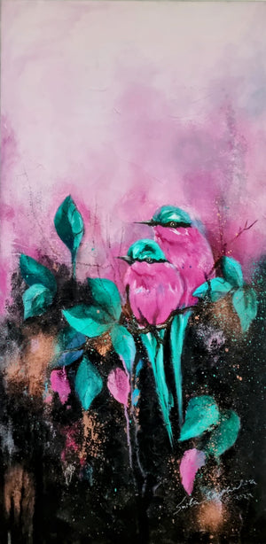 Pink Birds Painting by Smita Sonthalia