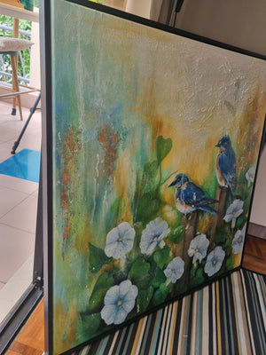 Chismes de Jardin  an original mixed media painting by Smita Sonthalia