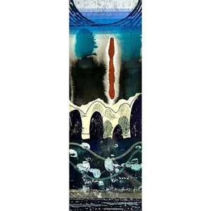 A close up of THRESHOLD I mixed media original artwork using lino print with fabric and stitch by London based artist Linda Jenkins
