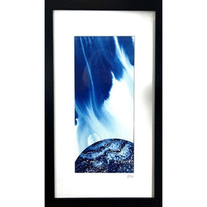 A close up of a framed GAIA IV mixed media original artwork using collagraph print with acrylic inks by London based artist Linda Jenkins
