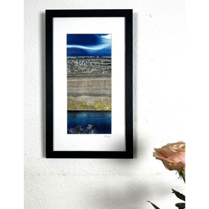 PASSAGE I mixed media original artwork using monotype and collagraph prints and metallic powder by London based artist Linda Jenkins framed and hanging on a wall
