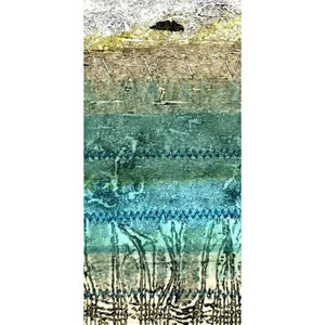 A close up of PASSAGE II mixed media original artwork using collagraph print with fabric and stitch by London based artist Linda Jenkins

