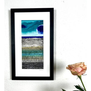 PASSAGE II mixed media original artwork using collagraph print with fabric and stitch by London based artist Linda Jenkins framed and hanging on a wall
