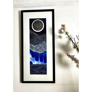 THRESHOLD II mixed media original artwork using monotype and collagraph prints and stitch by London based artist Linda Jenkins framed and hanging on a wall
