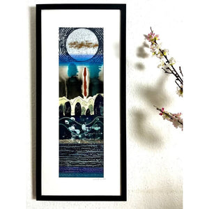 THRESHOLD III mixed media original artwork using lino print with fabric and stitch by London based artist Linda Jenkins framed and hanging on a wall
