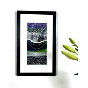 PASSAGE III mixed media original artwork using collagraph print with fabric and stitch by London based artist Linda Jenkins framed and hanging on a wall
