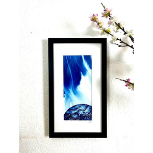 GAIA IV mixed media original artwork using collagraph print with acrylic inks by London based artist Linda Jenkins framed and hanging on a wall