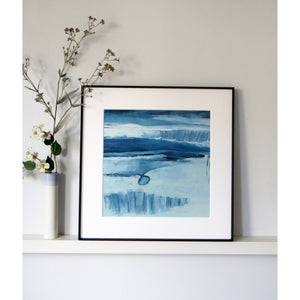 Abstract art painting with blue and white brush strokes called Sea Cells by Sarah Knight Art