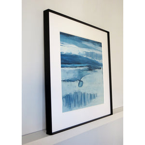 Abstract art painting with blue and white brush strokes called Sea Cells by Sarah Knight Art