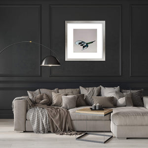Wall mounted fine art print of a magpie in flight by artist Amanda Gosse