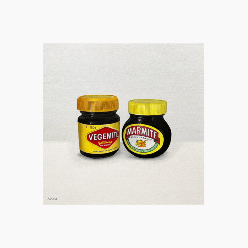 Fine art giclée print of The Great Debate a jar of spread Marmite and Vegemite by artist Amanda Gosse