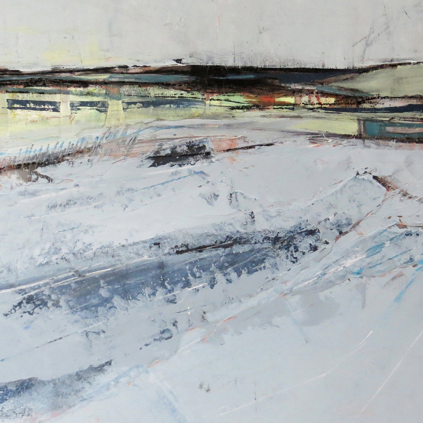 Abstract art piece with a mix of white, blue, and gray tones.