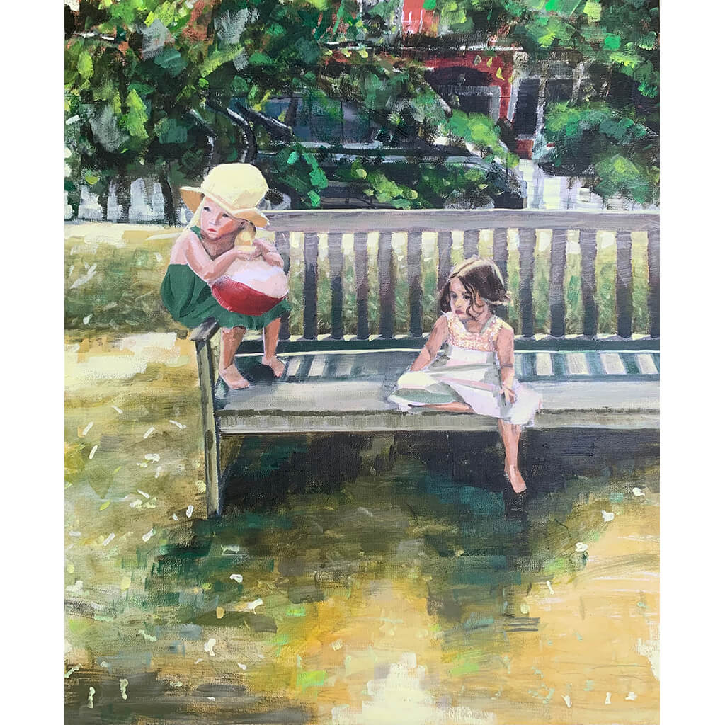 All Dressed Up With Nowhere To Go by Tamsyn Lewellen is an oil on canvas painting of two young children sitting on a bench