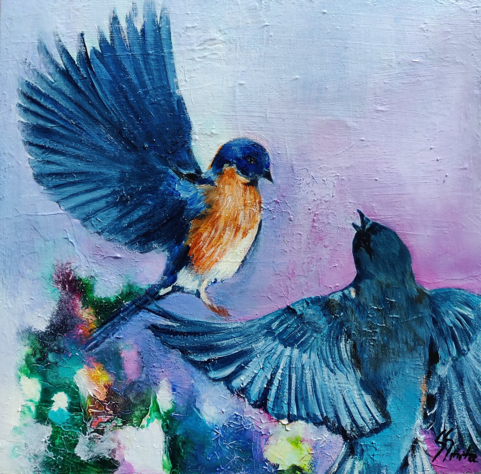 Blue Heaven III - Bird painting Fine Art Giclee Print by Smita Sonthalia