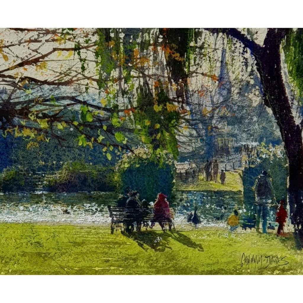 A painting of some people sitting on a bench in the sunshine on Blackheath