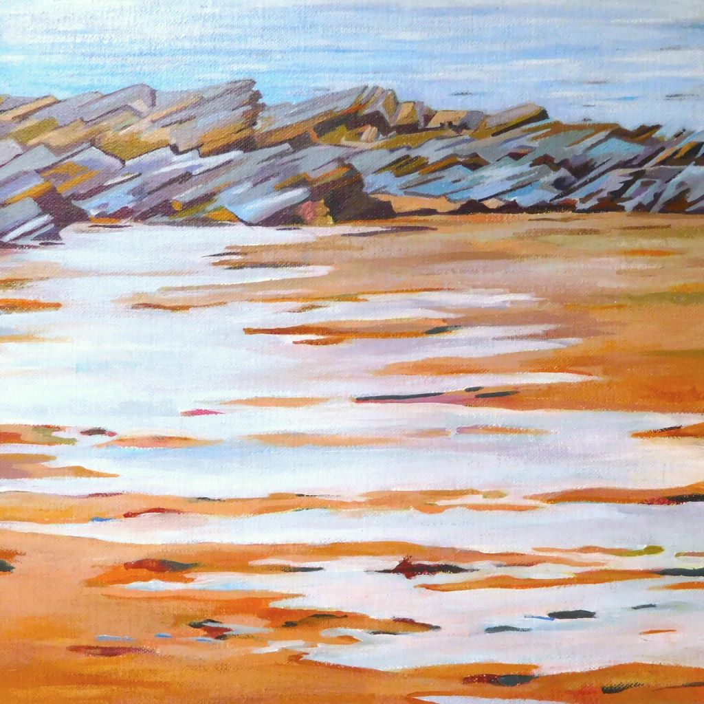 Acrylic painting featuring a landscape with blue rocks and orange sand by Mary Leach