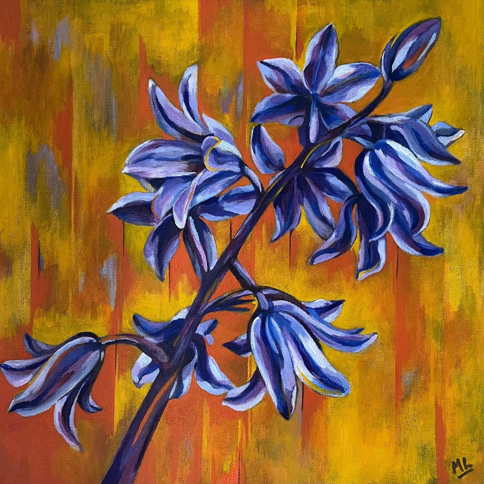 A vibrant acrylic painting of bluebells with a contrasting yellow and orange background, signed by Mary Leach.