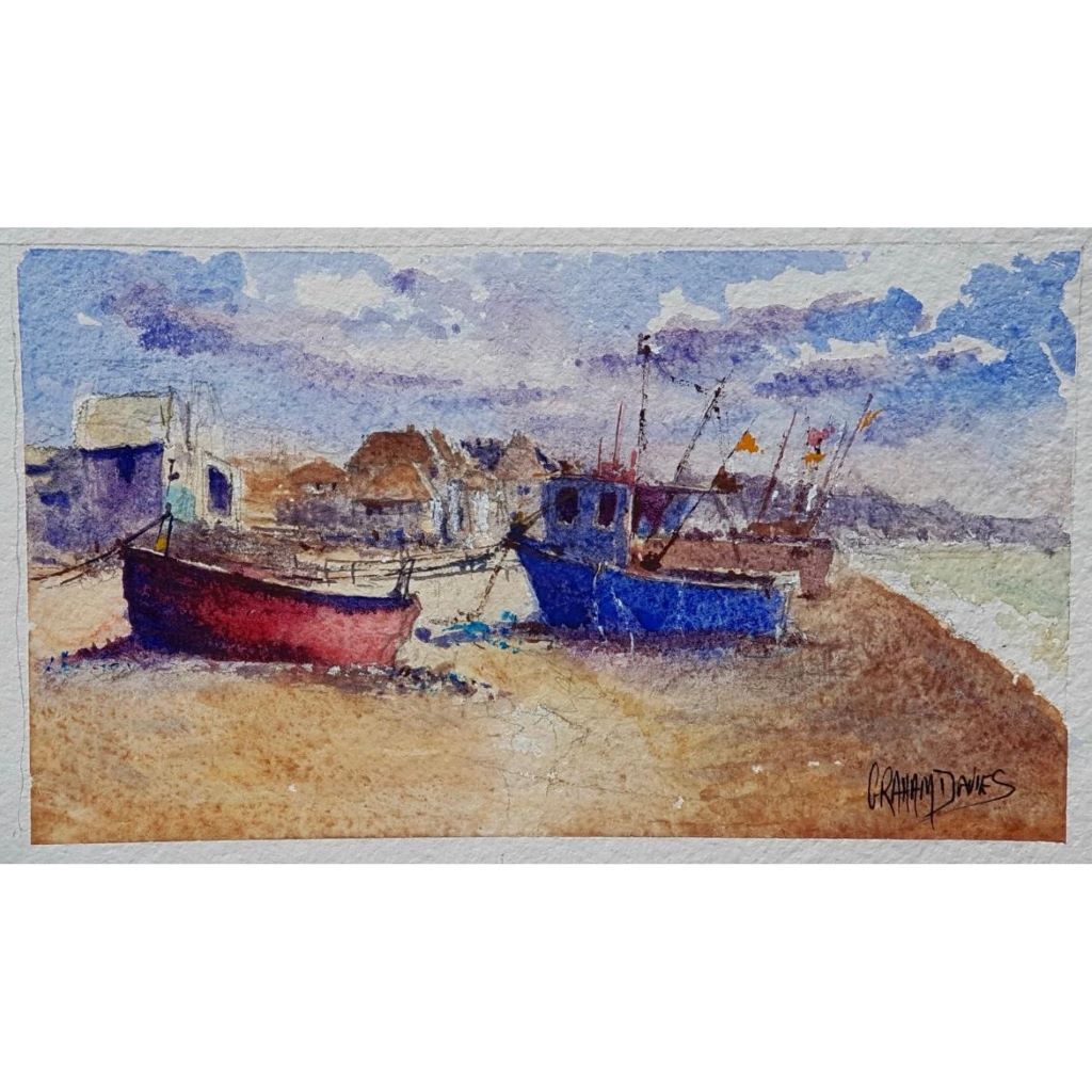 A watercolour painting by Graham Davies of boats on Hythe Beach