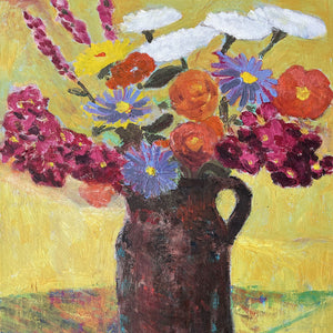 Brown Jug original oil painting by Effie Romain comprising colourful flowers on a yellow background
