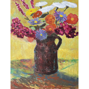 Brown Jug original oil painting by Effie Romain comprising colourful flowers on a yellow background