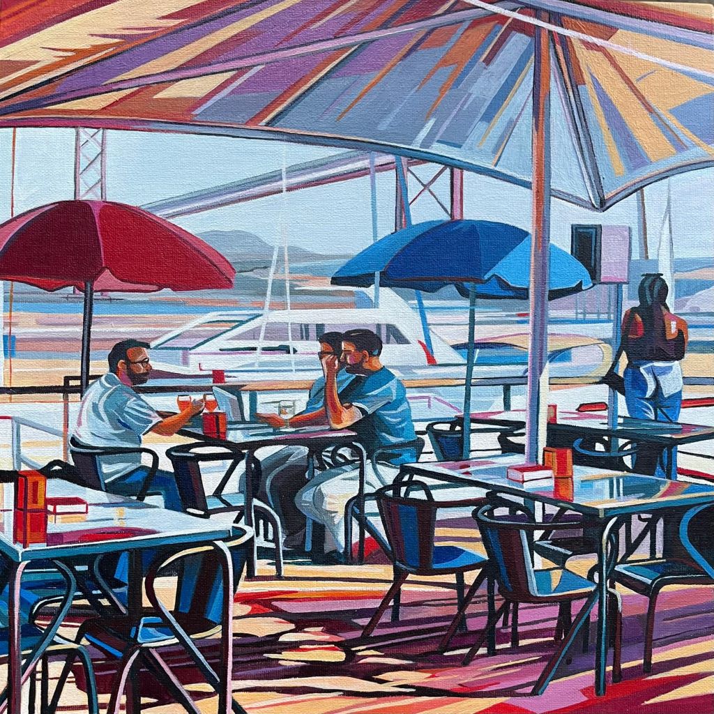 A colourful painting by Mary Leach of some people enjoying a drink in a café overlooking the Port of Lisbon.