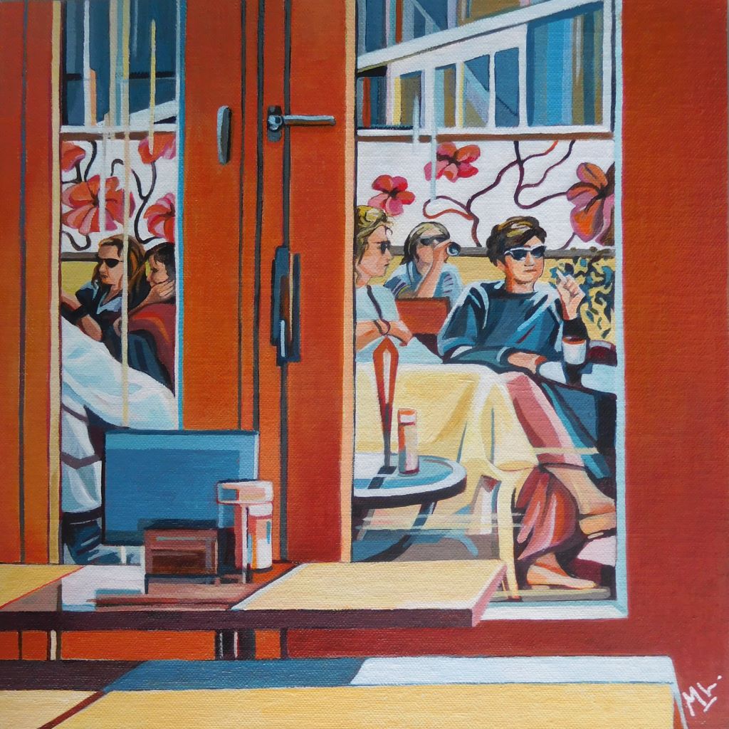 Artistic depiction of a café scene with people sitting at tables, viewed through a window by Mary Leach