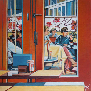 Artistic depiction of a café scene with people sitting at tables, viewed through a window by Mary Leach
