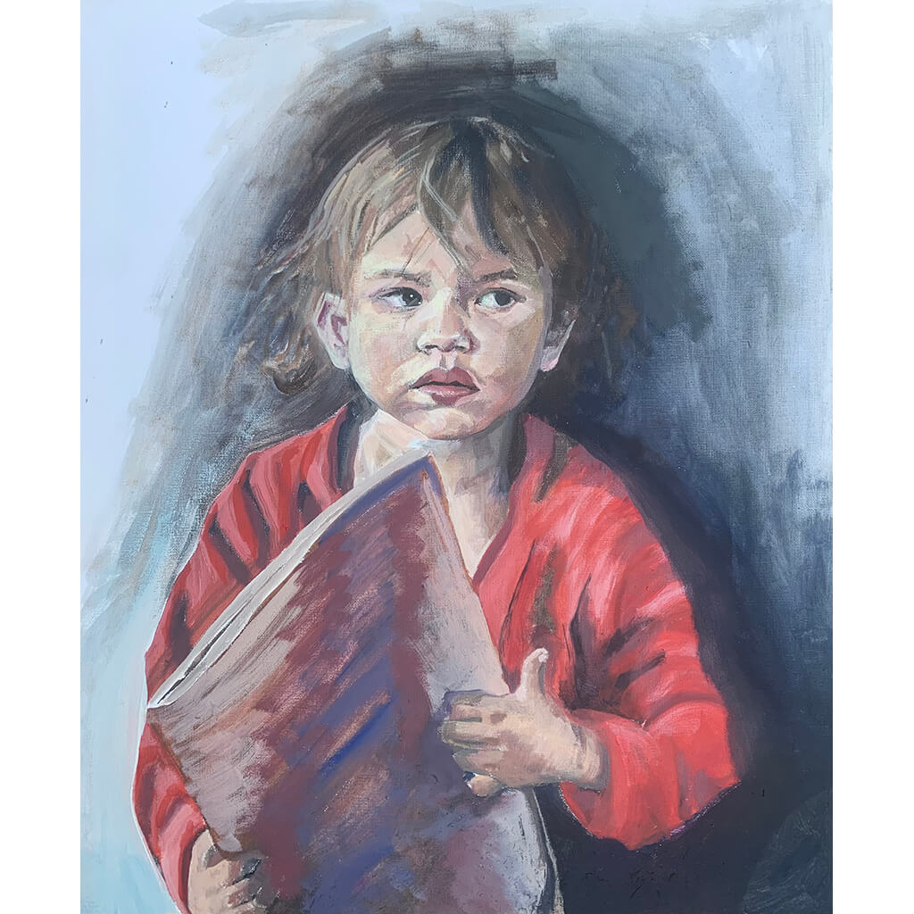 Cant-you-see-I-am-reading-by-Tamsyn-Lewellen is an oil on canvas painting of a child wearing red with a book