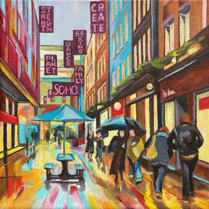 Carnaby Street London Rainy Day by artist Mary Leach Acrylic Painting on Canvas 