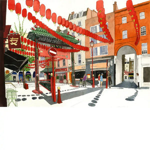 Watercolor-style illustration of a street scene with red lanterns, a traditional Chinese gate, orange and cream buildings, and small figures of people walking under hanging red banners.
