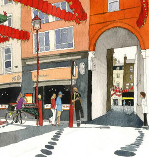 Watercolour illustration of a street scene with buildings, red lanterns, pedestrians, a bicycle, and an arched passage. 