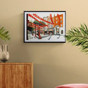 Art depicting a vibrant street scene with red lanterns and traditional architecture in Chinatown
