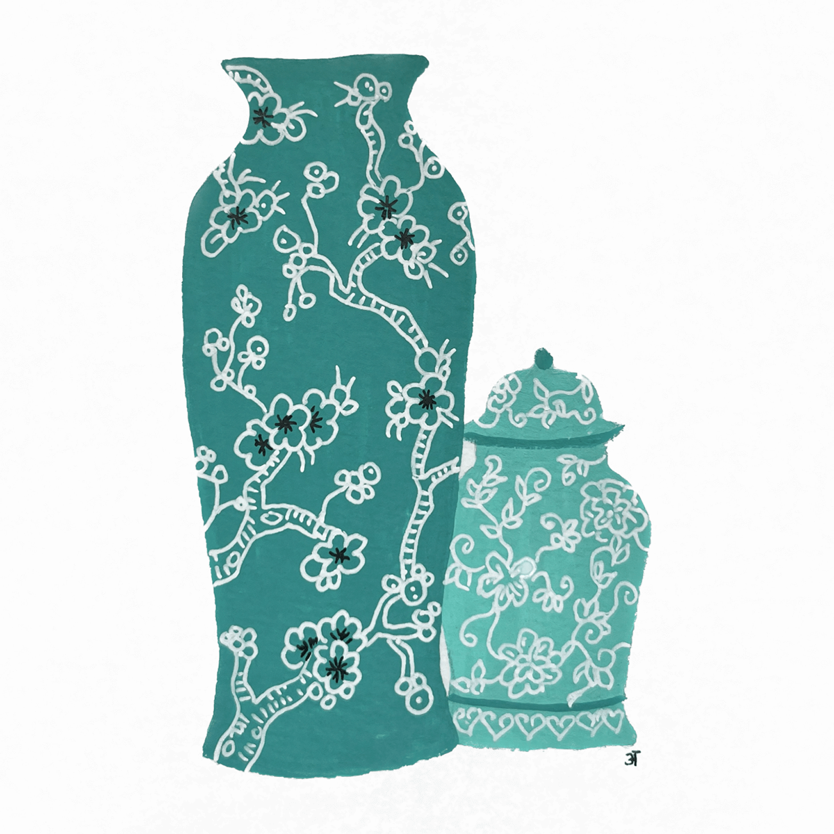 Chinese Vase original artwork in jade green by Anjali Purkayastha
