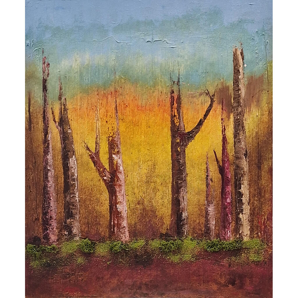 Chromatic Arboreal Symphony by Samaira Ali an abstract oil on canvas painting of ghostly trees in hues of brown, yellow and blue.