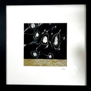 A close up of a framed DANCING I mixed media original artwork using monotype print with embroidery by London based artist Linda Jenkins