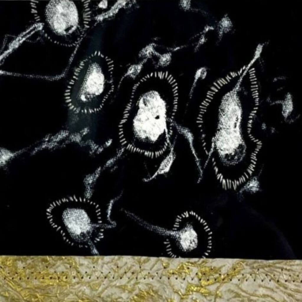 DANCING I mixed media original artwork using monotype print with embroidery by London based artist Linda Jenkins