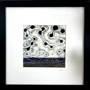 A close up of a framed DANCING II  mixed media original artwork using monotype print with embroidery by London based artist Linda Jenkins.