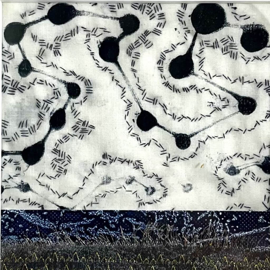 DANCING II  mixed media original artwork using monotype print with embroidery by London based artist Linda Jenkins