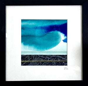 A close up of a framed DRIFT I mixed media original artwork using collagraph print with stitch by London based artist Linda Jenkins