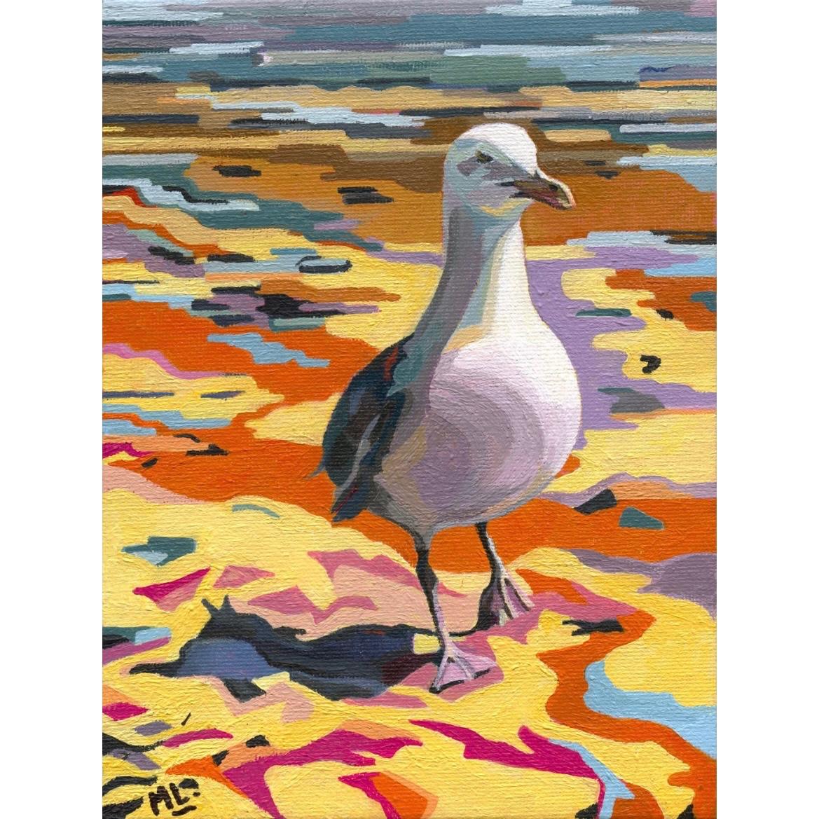 A fine art print of a seagull standing on colourful sand, depicting abstract tones in orange, yellow, and other colours by Mary Leach.