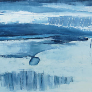 Abstract art painting with blue and white brush strokes called Sea Cells by Sarah Knight Art