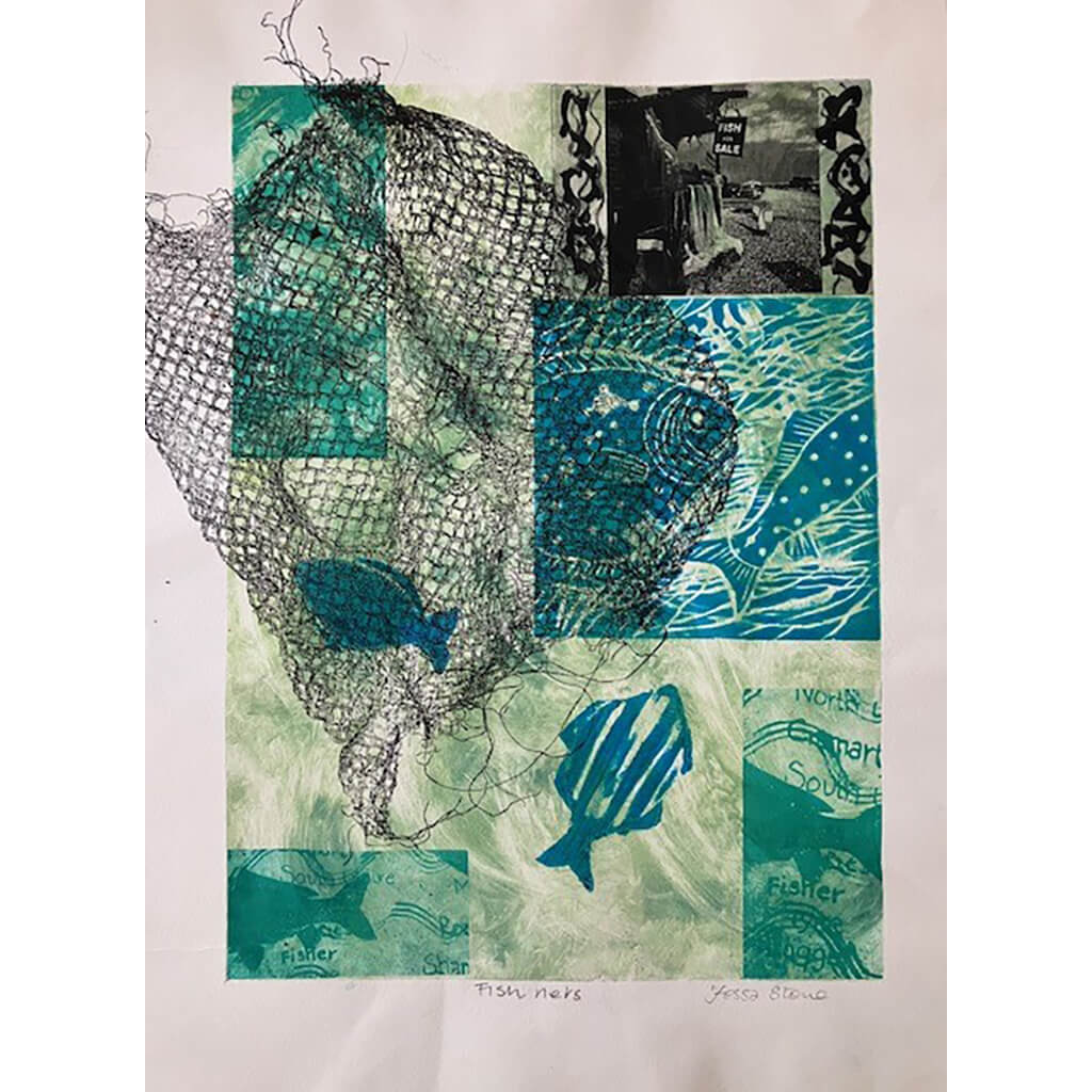 Fish Nets by Tess Stone Artist a mixed media artwork in blues and greens.