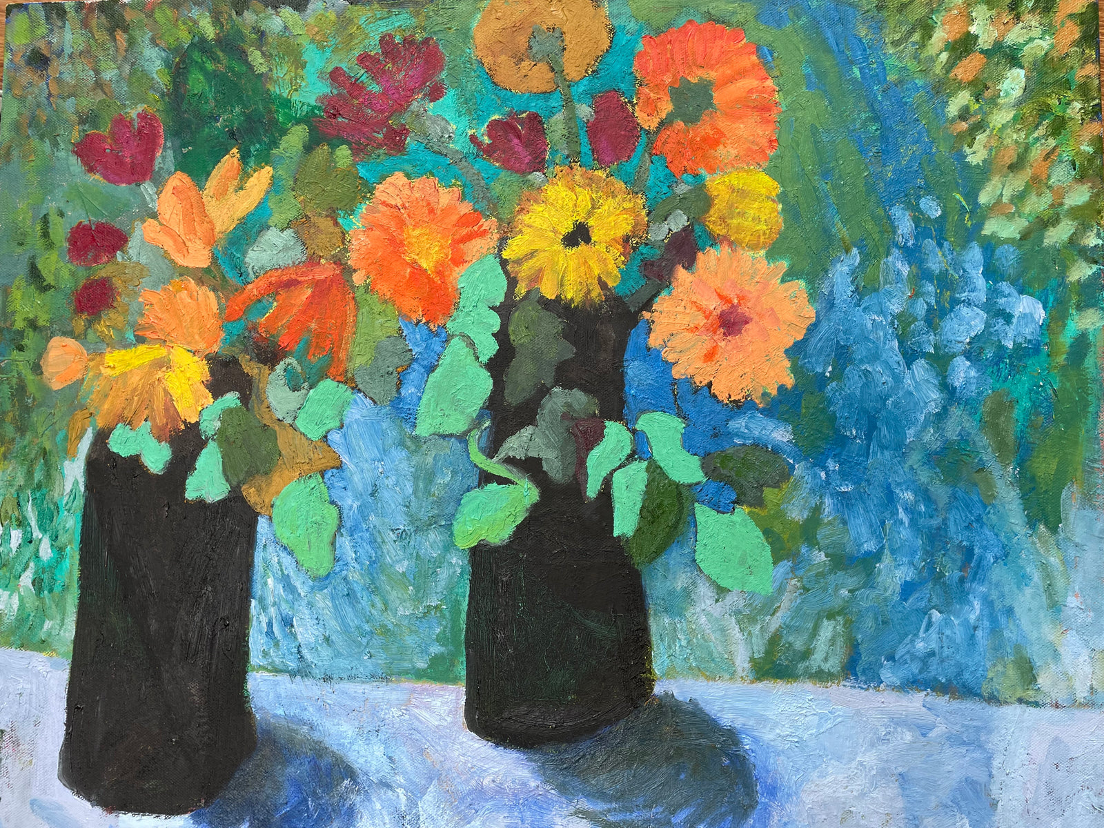 Flowers by the River, a vibrant oil painting on canvas by Effie Romain, two black vases filled with orange and red flowers against a blue/green background