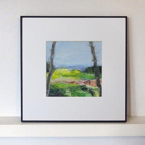 Colorful landscape painting with trees and fields called French Landscape III by Sarah Knight Art framed