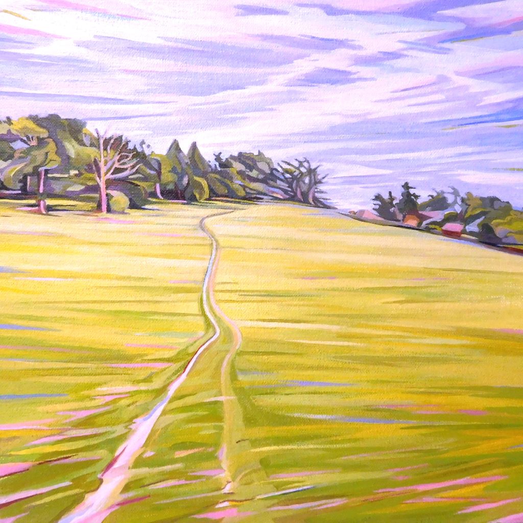Original acrylic painting depicting a vibrant landscape with a path, trees, and a blue sky by Mary Leach